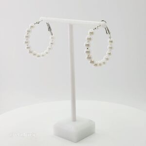Lightweight Silver Toned Hoop Earrings with White Faux Pearl Beads